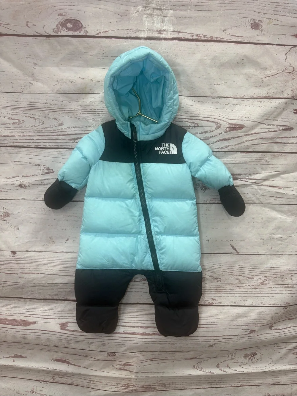 The North Face Light Blue and Black Insulated Infant One-Piece Size 0-3 Months